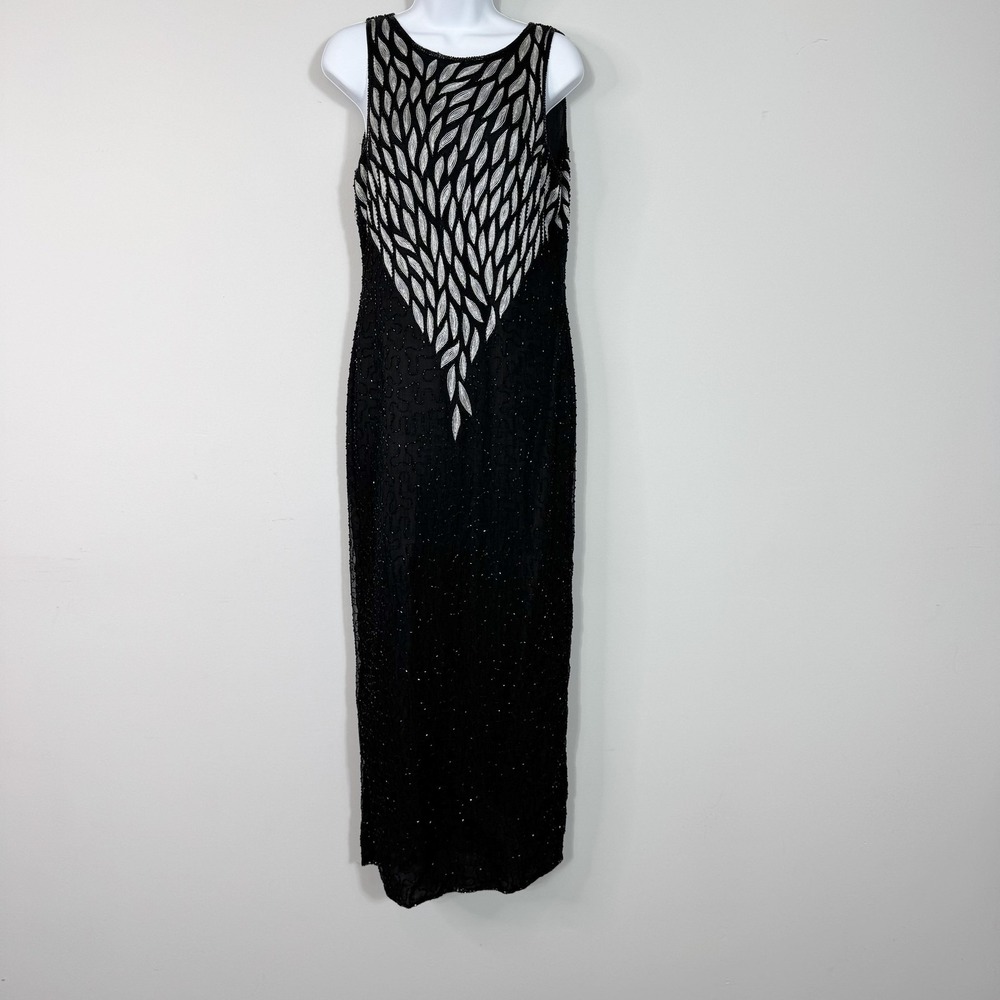 Laurence Kazar Dress‎ Womens Large Black Beaded Silk Gown Formal Evening Maxi